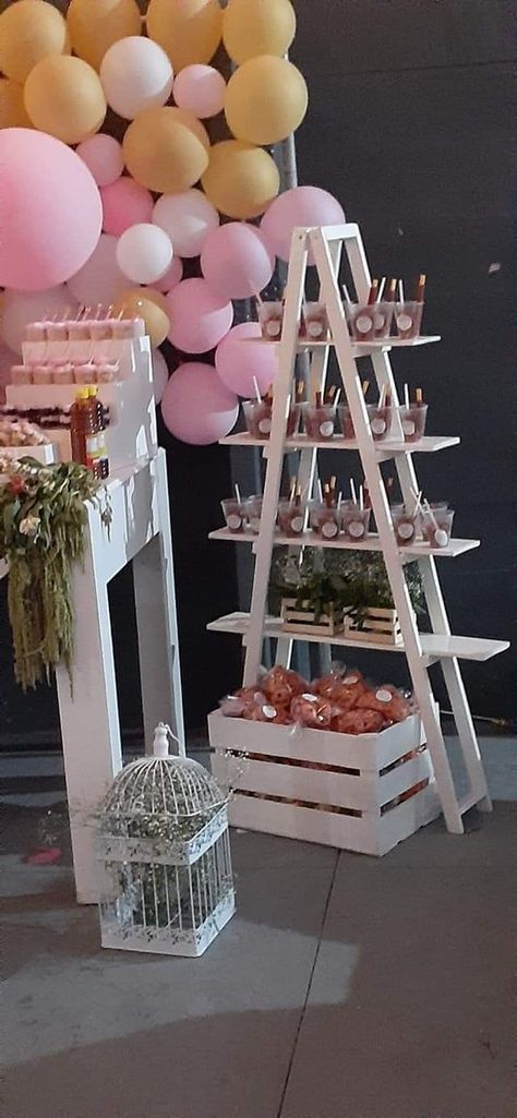 Dessert Bar Themes, Dessert Ladder, Baby Boy Sip And See, Treat Wall, Ladder Display, Snack Display, Ladder Bar, Birthday Snacks, Ideas Cumpleaños