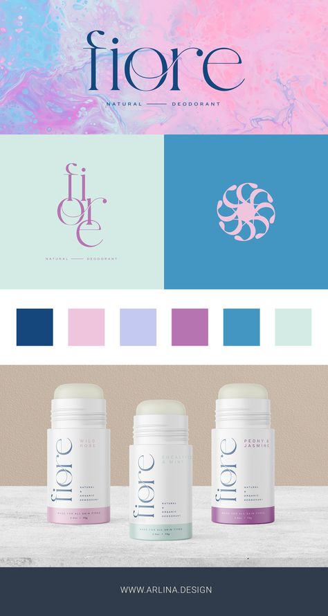 Branding and packaging design for Fiore! This natural and organic deodorant brand is for young and busy women on the go. The branding is sophisticated yet modern, and the packaging is minimal and bold. #branddesign #packagingdesign #beautybrand #wellnessbrand #femininebranding Deodorant Label Design, Deodorant Design Packaging, Minimal Cosmetic Packaging, Classy Packaging Design, Deodorant Design, Skin Care Branding Design, Skin Care Packaging Design, Feminine Packaging, Deodorant Packaging