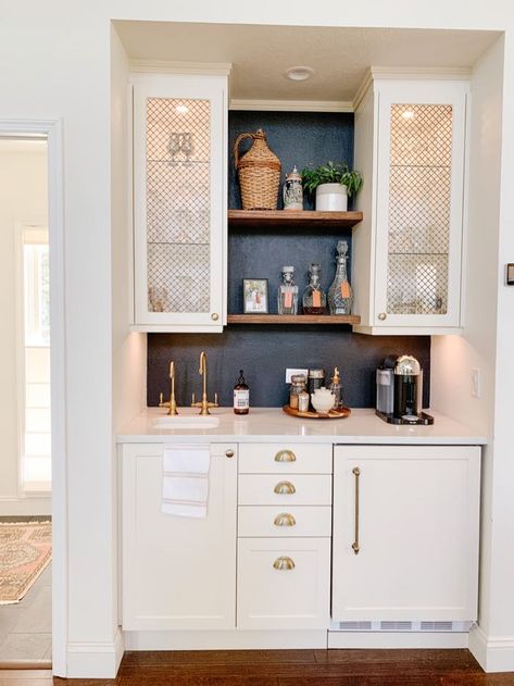 Floating Shelves Between Cabinets, Shelves Between Cabinets, Wet Bar Backsplash, Sektion Cabinets, Bar Backsplash, Ikea Sektion Cabinets, Kitchen Wet Bar, Ikea Sektion, Bar Nook