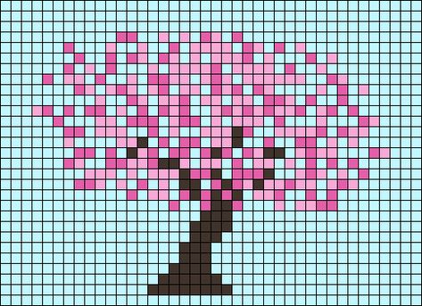 Cherry Blossom Perler Bead Pattern, Perler Beads Cherry Blossom, Cherry Blossom Pixel Art, Cherry Pixel Grid, Cross Stitch Patterns Cherry Blossoms, Cherry Blossom Alpha Pattern, Sakura Tree, Floral Branch, Pixel Art Grid