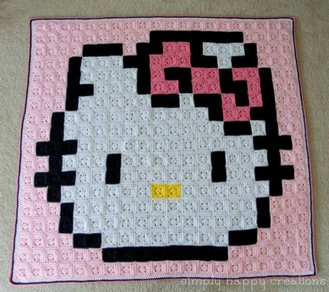 S Crochet Exercise, 8 Bit Crochet, Pixel Art Hello Kitty, Pixel Blanket, Pixel Crochet Blanket, Crochet Hello Kitty, Granny Square Häkelanleitung, Art Blanket, Hello Kitty Blanket