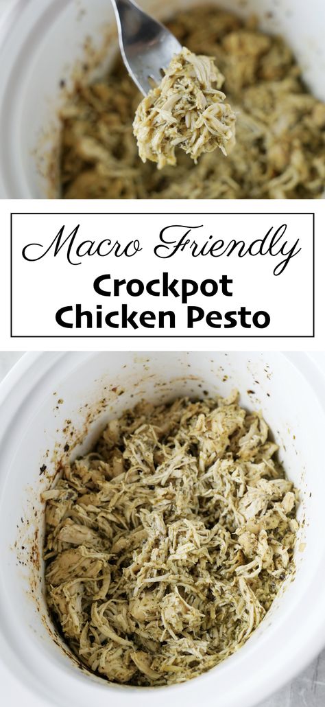 Macro Chicken Recipes, Crockpot Chicken Macro Friendly, Macro Friendly Chicken Crockpot Recipes, Pesto Chicken Crockpot Healthy, Macro Friendly Crockpot Recipes, Macro Friendly Pesto, Easy Macro Friendly Chicken Recipes, Macro Friendly Chicken Meal Prep, Crockpot Pesto Chicken