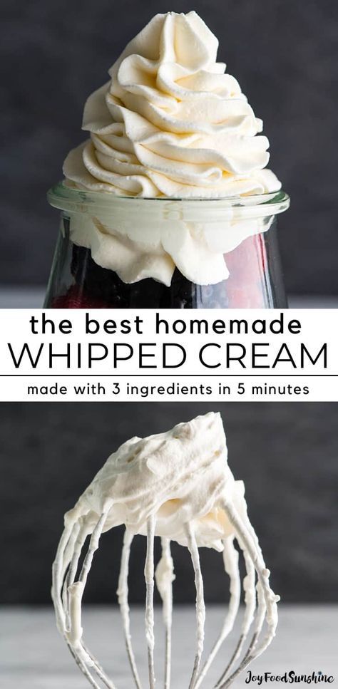 Homemade whipped cream is easy to make with only 3 ingredients in 5 minutes and it's so delicious you'll ditch the store-bought stuff for good once you try it! Watch the video and follow our step-by-step photos to learn how to make the best homemade whipped cream recipe! #whippedcream #heavycream #homeamdewhippedcream #joyfoodsunshine #whippedcreamrecipe Easy Homemade Whipped Cream, Homemade Whipped Cream Recipe, Whipped Cream Recipe, Recipes With Whipping Cream, Making Whipped Cream, Whipped Cream Cheese, Homemade Whipped Cream, Recipe Video, Easy Dessert