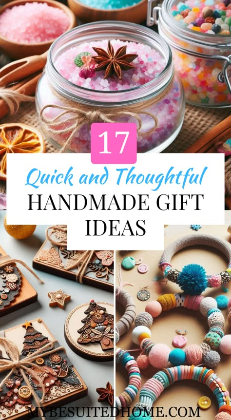 Discover 17 quick handmade gift ideas that show you care. These simple and thoughtful DIY gifts are perfect for any occasion, offering a personal touch to express your affection. #HandmadeGifts #DIYGifts #QuickGifts #GiftIdeas #Crafting #ThoughtfulGifts #LastMinuteGifts #CreativeGifting #HandmadeWithLove #DIYProjects #GiftInspiration #CraftIdeas #PersonalizedGifts Creative Thoughtful Gifts, Handmade Bulk Gifts, Diy Gift Ideas For Adults, Unique Handmade Christmas Gifts, Handmade Projects Ideas, Amazing Diy Gifts, Do It Yourself Gift Ideas, Homemade Art Gifts, Holiday Homemade Gift Ideas