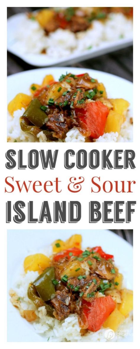 Slow Cooker Sweet and Sour Island Beef Recipe | Find more Slow Cooker Sunday Recipes great for easy dinners | TodaysCreativeLife.com Steak Dinners For Two, Slow Cooker Sunday, Sweet And Sour Beef, Crockpot Dessert Recipes, Pineapple Chunks, Sunday Recipes, Cooked Rice, Pepper Steak, Beef Recipe