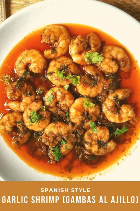 Spanish Style Garlic Shrimp, also known as Gambas Al Ajillo, is a spanish tapa dish that is mixed with olive oil, garlic, paprika and shrimp/prawn. It is garnished with parsley and drizzle with lemon. #gambasalajillo #spanishgarlicshrimp #shrimptapas Shrimp Gambas Recipe, Gambas Recipe, Shrimp Gambas, Garlic Prawns Recipe, Shrimp In Garlic Sauce, Prawns Recipe, Prawn Dishes, Garlic Prawns, Olive Oil Garlic