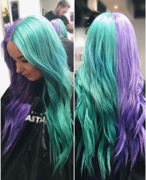 Half head  Purple and turquoise  Tasha Leelyn Half Hair Color Ideas, Half Hair Color, Half And Half Hair Color, Half Colored Hair, Half Dyed Hair, Soft Grunge Hair, Half And Half Hair, Split Dye, Grey Hair Dye