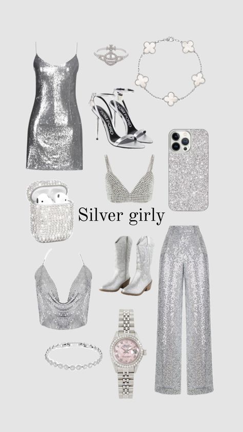 Disco Birthday Outfit Ideas, Silver And Black Birthday Outfit, Disco New Years Eve Party Outfit, Disco And Diamonds Party Outfit, 18th Bday Outfits, Silver Outfit Party, Silver And White Outfit, Luxury Party Aesthetic, Glitz And Glam Party Theme