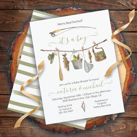 Fishing Reel Baby Shower Clothesline Invitation #zazzle #weddinginvitations #birthdayinvitations #babyshowerinvitations #zazzleinvitations #monogram #businesscards #graduation #homedecor Baby Shower Clothesline, Fishing Baby Shower Theme, Baby Shower Fishing, Fishing Nursery, Fishing Birthday Party, Trout Fish, Baby Fish, Adventure Theme, Fish Fry