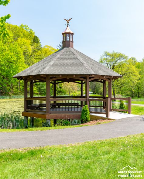 Perfect place for a warm sunny weekend! The finished timber frame gazebo we built at the Forest Park Aquatic Garden in Springfield, MA. Timber Frame Gazebo, Park Gazebo, Aquatic Garden, Tree Houses, Timber Framing, Forest Park, Covered Bridges, Modern Technology, Timber Frame