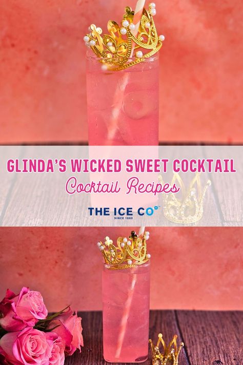 pink sparkly cocktail with a crown on top inspired by glinda from the wicked movie Wicked Themed Drinks, Wicked Musical Party Ideas, Wicked Inspired Cocktail, Wicked Themed Party Food, Wicked Watch Party, Wicked Snacks, Wicked Birthday Cake, Wicked Cocktail, Glinda Arianagrande