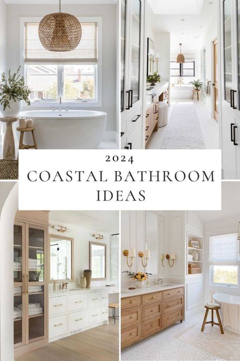 Beautiful coastal bathroom ideas and trends for 2024, with clever storage solutions and luxurious finishes to enhance the functionality, warmth, and aesthetic appeal of your space - home decor - interior design - dream bathroom - room decor - organic modern - warm aesthetic - modern coastal home - home decor style - luxurious master bathroom - wood vanity Beach House Bathroom Floor Tile Ideas, White Bathroom With Wood Cabinets, Timeless Coastal Bathroom, Timeless Master Shower Ideas, Mcgee Home Bathroom, Bathroom Light Wood Vanity, Coastal Bathroom Countertops, Master Bath Inspiration 2024, Neutral Bathrooms Ideas