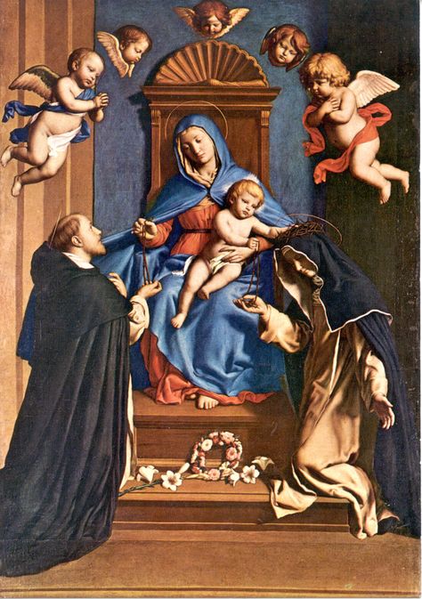 Our Lady of the Rosary with St Dominic and St Catherine of Siena in the basilica of Santa Sabina, Rome. Our Lady Of Rosary, Our Lady Of The Rosary, Lady Of The Rosary, St Dominic, St Catherine Of Siena, Life Of Jesus Christ, مريم العذراء, Apostles Creed, Mother Mary Images