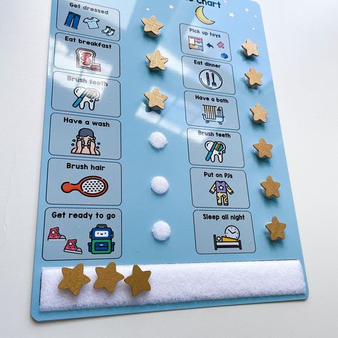 This board features visual images to help your child complete their morning and evening routine. Let them move a golden star to the completed task. A great incentive to fill their board is to offer a treat at the end of the week! Tasks included are: Morning: Get dressed, Eat breakfast, Brush teeth, Have a Wash, Brush hair, Get ready to go Evening: Tidy toys, Eat dinner, Wash, Brush teeth, Get pyjamas on, Go to sleep Personalisation is available upon request Includes twelve fabric golden stars wi Daily Routine Board, Kids Morning Routine, Toddler Morning Routine, Routine Board, Daily Routine Chart For Kids, Bedtime Routine Chart, Morning Routine Chart, Chores Chart, Visual Timetable