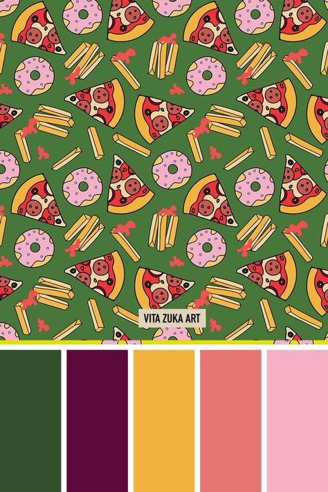 Donuts, fries, pizza, fast food, take away, junk food, american food, italian food, unhealthy, pattern, background, print, color scheme, green backdrop Pizza Colour Palette, Pizza Restaurant Color Palette, Vegetable Colour Palette, Juice Color Palette, Fast Food Color Palette, Food Unhealthy, Color Scheme Green, Weird Pizza, American Burgers