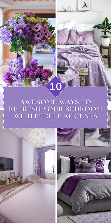 Transform your bedroom with stylish purple accents that bring vibrance and calm to your space. From lavender pillows to bold plum curtains, explore creative ideas to refresh your decor effortlessly. Add sophistication with rich amethyst hues or subtle charm with lilac details! Discover your perfect bedroom vibe. #PurpleDecor #BedroomMakeover #InteriorDesign Lavender And Brown Bedroom, Lavendar Bedrooms, Bedroom With Purple Accents, Purple Room Ideas Bedrooms, Lavender Bedroom Ideas, Purple And Gray Bedroom Ideas, Plum Curtains, Purple And Gray Bedroom, Lavender Bedroom