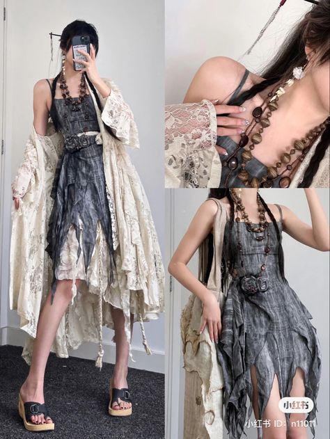 Avant Apocalypse Outfit, Punk Aesthetic Outfit, Genshin Clothes, Avant Apocalypse, Douyin Outfits, Apocalypse Fashion, Lace Dress Outfit, Punk Street Style, Dystopian Fashion