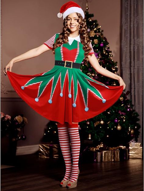 Christmas Elf Costume Set: you will receive 1 piece of elf Christmas dresses for women, 1 piece of Christmas hat, 1 pair of red and white striped thigh high socks, the nice combination will make you have a happy Christmas party Elf Outfit Women, Christmas Dresses For Women, Christmas Outfits Ideas, Christmas Fashion Outfits, Striped Thigh High Socks, Elf Outfit, Christmas Elf Costume, Elf Dress, Xmas Elf