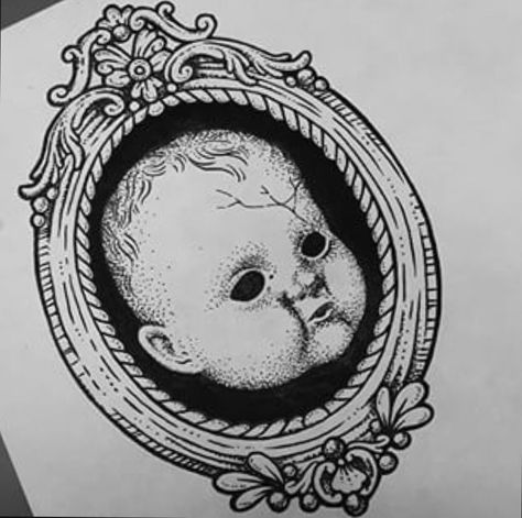 ☠ Babydoll Head Tattoo, Haunted Doll Tattoo, Victorian Doll Drawing, Creepy Girly Tattoos, Creepy Doll Tattoo Ideas, Vintage Doll Tattoo, Creepy Eyeball Tattoo, Cameo Tattoo Victorian, Doll Parts Tattoo