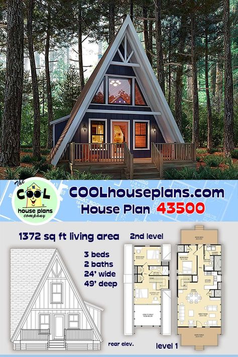 Brand new and amazing, A-Frame Style house plan with a narrow floor plan. Start with a beautiful window wall rising up from a deep entry porch. Enter into the great room/Dining/Kitchen. Bedroom 1, laundry room and utility room finish the first floor. Upstairs bath 2, bed 2 and a sleeping loft with a view. Out back a 20x8 deck. Several finished photos at the link provided. #aframe #mountainhouseplan #Contemporary #vacationhouseplan A Frame Floor Plans, A Frame Cabin Plans, House Plan With Loft, Narrow Lot House, A Frame House Plans, Cabin House, Cabin House Plans, Frame House, A Frame Cabin