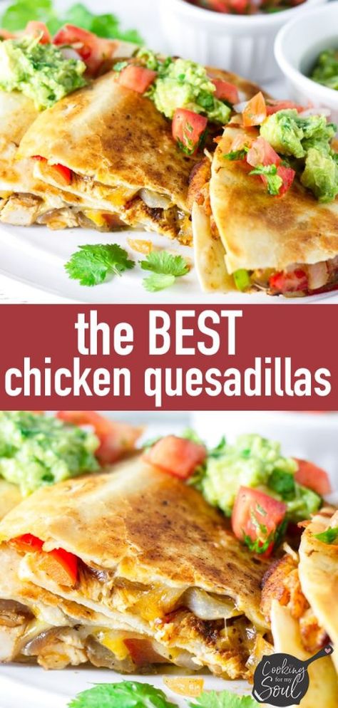 Mexican Chicken Quesadillas! These are the best chicken quesadillas I've ever had. Super flavorful seasoned chicken with fajita vegetables and cheese in between flour tortillas. The perfect meal for family #quesadillas #chickenquesadillas #mexicanquesadillas #quesadillasrecipe #authenticquesadillas #mexicanfood #cookingformysoul | cookingformysoul.com The Best Chicken Quesadillas Recipe, Chicken Quesadillas Recipes, Food Ideas Mexican, Best Chicken Quesadillas, Quesadillas Chicken, Chicken Quesadillas Recipe, Baby Shower Food Ideas, Shower Food Ideas, Fajita Vegetables