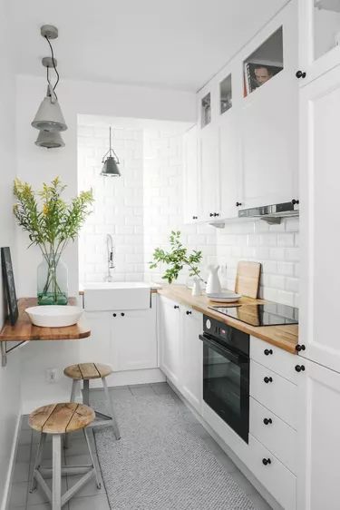 Small Kitchen Design Ideas That Will Make You Forget About Their Size | Hunker Long Narrow Kitchen, Small Kitchen Decoration, Model Dapur, Desain Pantry, Galley Kitchen Remodel, Kabinet Dapur, White Kitchen Remodeling, Small Kitchen Decor, Small Remodel