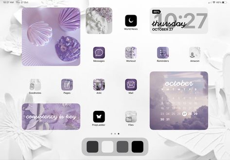 Pastel Purple Aesthetic Wallpaper Tablet, Ipad Purple Theme, Aesthetic Ipad Setup Purple, Aesthetic Ipad Homescreen Layout Purple, Ipad Layout Purple, Purple Ipad Air Aesthetic, Ipad Wallpaper Lilac, Wallpaper Ipad Aesthetic Purple, Purple Ipad Layout