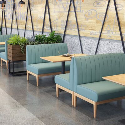 The sleek yet simple design enriches any environment and is ideal for creating a high-end feel in restaurants, cafes and bars. Upholstery Color: Sky Blue | Canadian Linen Faux Leather Upholstered Bench blue in Sky Blue | 36.2" H X 47.2" W X 24.4" D | Wayfair Restaurant Bench, Cafe Bench, Simple Restaurant, Simple Cafe, Simple Benches, Modern Cafe, Trendy Furniture, Luxury Restaurant, Leather Bench