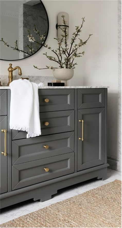 Retreat Decor, Taupe Bathroom, Feminine Bathroom, Bathroom Cabinet Colors, Grey Bathroom Cabinets, Bathroom Lighting Ideas, Dark Gray Bathroom, Full Bathroom Remodel, Dark Bathrooms