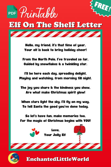 Elf on the Shelf Arrival Letter printable featuring a festive rhyme from the North Pole to welcome kids to the holiday season. Designed with candy cane stripes and Christmas icons, this free printable is perfect for starting Elf on the Shelf traditions. Elf Ont He Shelf Arrival, Elf Arrival In Classroom, First Time Elf On The Shelf Arrival Letter, Elf On The Shelf Introduction Letter Classroom, Free Elf On The Shelf Arrival Letter Printable, Elf Letters Arrival, Letter From Elf On The Shelf Arrival, Free Elf On The Shelf Arrival Letter, Elf On The Shelf Return Letter