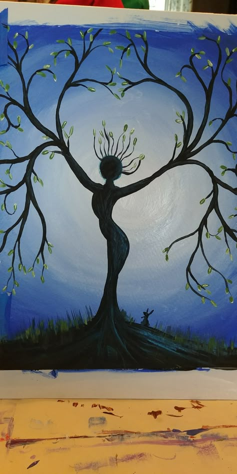 Imaginary Paintings Easy, Dancing Trees Art, Spiritual Art Nature, Growth Painting Inspiration, Nature Themed Art Projects, Easy Deep Paintings, Simple Spiritual Paintings, Pagan Painting Ideas, Painting Ideas Intermediate