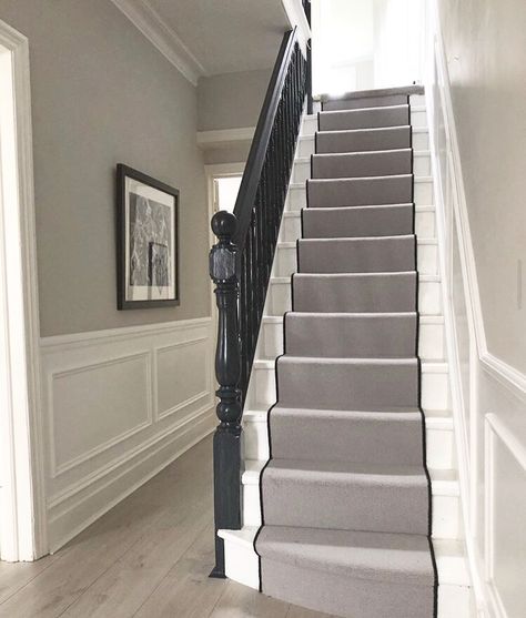 Hall Stairs And Landing Decor, Grey Painted Stairs, Modern Hallways, Edwardian Hallway, Stairs And Hallway Ideas, Hallway Design Ideas, Black And White Stairs, Stair Paneling, Entrance Hall Decor