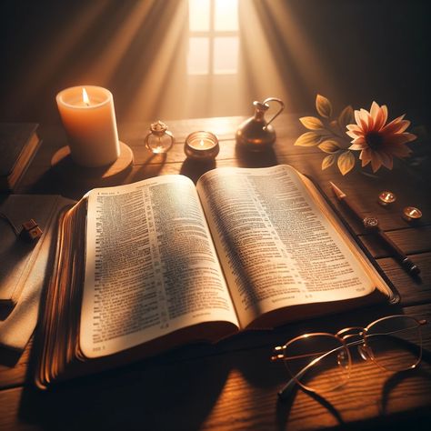 A visually stunning image of an open Bible on a wooden desk with soft, warm lighting highlighting its pages. The Bible's pages contain visible text, but no specific words are discernible. Around the Bible, there are peaceful elements like a small candle, a delicate flower, and a pair of reading glasses, symbolizing reflection, peace, and wisdom. The background is a cozy, dimly lit room, adding to the serene and sacred atmosphere of the scene. Open Bible Image, Word Pictures Art, Biblia Aesthetic, Higher Art, Open Bible, Writing Images, Christian Wallpapers, Bible Images, Warm Lighting