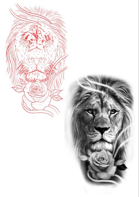 Woman Tiger Tattoo Design, Lion And Rose Tattoo Design, Lion Stencil Tattoo, Lion With Roses Tattoo, Lion Tattoo Design Stencil, Lion Tattoo Outline, Lion Rose Tattoo, Lion Tattoo Stencil, Lion And Rose Tattoo