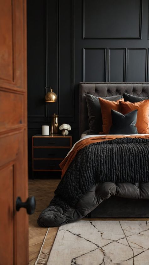 40 Stylish Black & Rust Bedroom Ideas Guest Bedroom Ideas Moody, Moody Black Bedroom, Cool Master Bedrooms, Color Drenching Bedroom Moody, Tonal Bedding, Dark Master Bedrooms Decor Cozy, Moody Masculine Bedroom, Dark Color Bedroom, Rust Bedroom Ideas