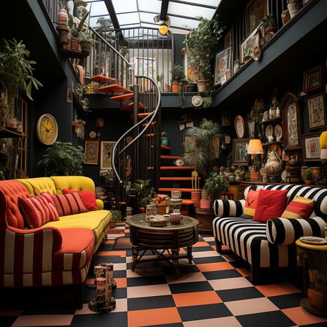 Loft Maximalism, Maximalist Loft, Tim Burton Inspired Bedroom, Punk Maximalist Room, Functional Maximalism, Colourful Maximalism, Wonderland Living Room, Tim Burton Home Decor, Tim Burton Interior Design