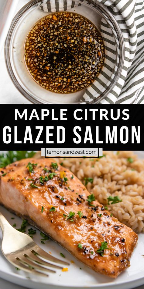 Only 5 minutes to prep this simple baked Orange Maple Glazed Salmon. The light and flaky citrus salmon paired with sweet, rich maple adds a level of flavor to your salmon unlike anything else. If you love salmon, this is a perfect weeknight dinner to serve with a simple salad and rice. Dinner made easy! Citrus Glazed Salmon, Salmon Dinners, Maple Syrup Salmon, Parmesan Roasted Green Beans, Citrus Salmon, Orange Glazed Salmon, Maple Glazed Salmon, Salmon Glaze Recipes, Salmon Soy Sauce