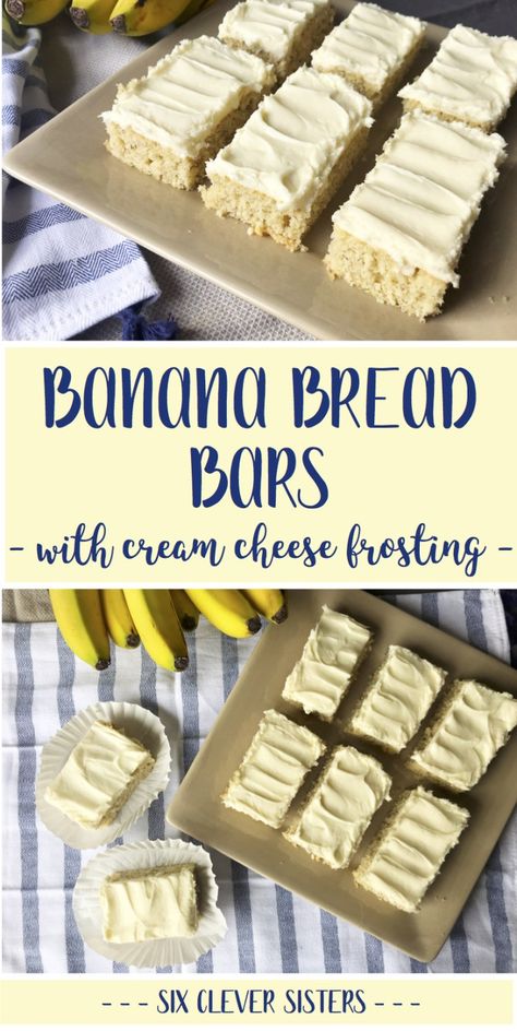 This recipe for banana bread bars with cream cheese frosting are made in a sheetcake pan making it easy to serve a crowd! #foracrowd #recipe #bananabread #easyrecipe #sixcleversisters Recipe For Banana Bread, Bars With Cream Cheese Frosting, Banana Bread Bars, Peanut Butter Sheet Cake, Bars With Cream Cheese, Dessert Oreo, Banana Dessert Recipes, Banana Bars, Potluck Desserts