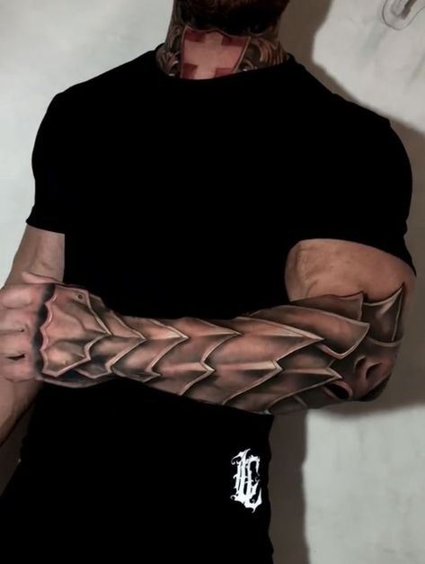 Gauntlet Tattoo Forearm, Arm Armor Tattoo, Chan Tattoo, Armor Sleeve Tattoo, Armour Tattoo, Mens Body Tattoos, Body Armor Tattoo, Wing Tattoo Men, Indian Feather Tattoos