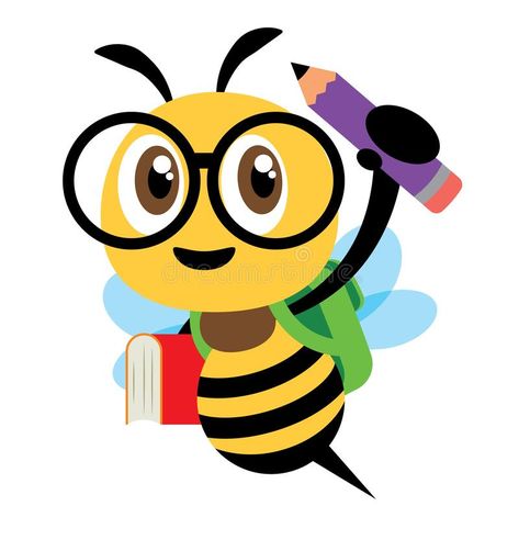 Back to school. Cartoon cute bee character carrying school bag, book and pencil and ready for school. With smile.- Flat art vector stock illustration Study Cartoon, Reading Book Cartoon, Back To School Cartoon, Bee Character, Bee Themed Classroom, Book Cartoon, Bee Classroom, Bee Printables, Bee Illustration