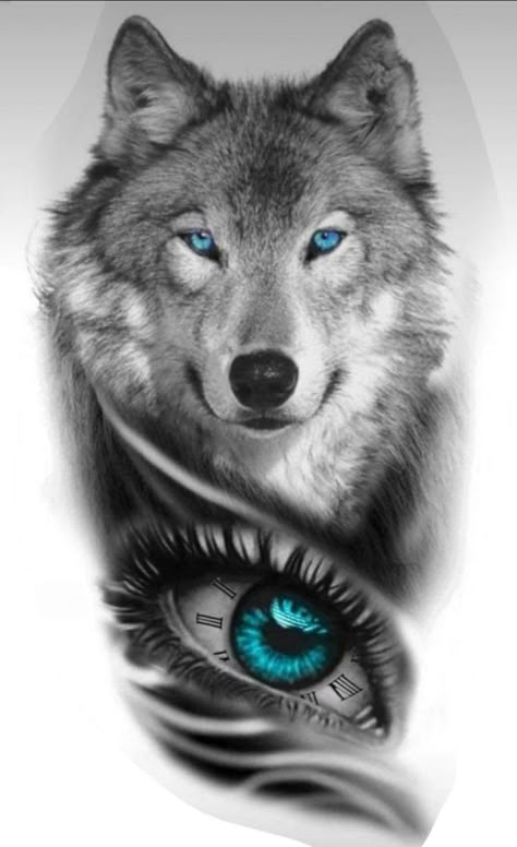 Half Wolf Half Woman Tattoo Eyes, Realistic Wolf Tattoo Design, Wolf Eye Tattoo, Wolf Face Tattoo, Geometric Tattoo Hand, Howling Wolf Tattoo, Wolf With Blue Eyes, Wolf Tattoos For Women, Wolf Sleeve