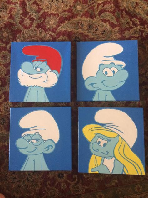 Smurfs Painting Canvas, Smurfs Painting, Disney Character Paintings On Canvas, Cartoons Painting, Disney Canvas Paintings, Canvas Pop Art, Papa Smurf, Disney Paintings, Butterfly Art Painting