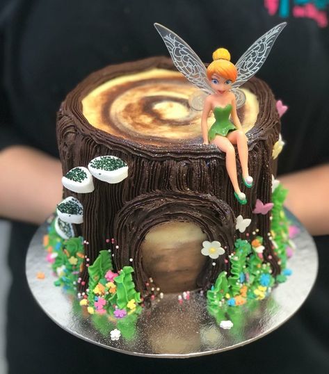 Fairy Theme Cake Design, Tinkerbell Cake Ideas, Fairy Themed Cake, Tinkerbell Birthday Cakes, Fairy Birthday Cake, Dog Themed Birthday Party, Tinkerbell Cake, Chocolate Sheet Cake, Buttercream Cake Decorating