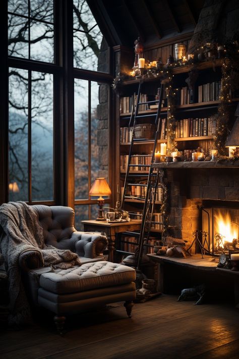 Gothic Home Library Ideas, Reading Nook Dark Academia, Cozy Green Library, Dark Academia Exterior, Cozy Academia Aesthetic, Cozy Library Room, Old Library Aesthetic, Enchanted Library, House Scrapbook