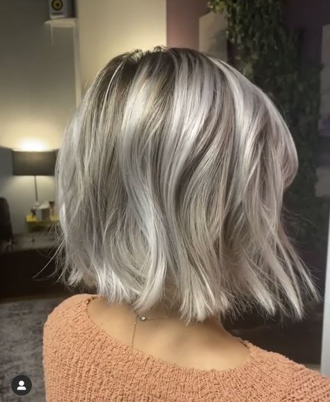 blonde hair, short hair, ashy blonde hair, grey blonde hair, root smudge, dimensional blonde Ash Gray Short Hair, Icy Blonde Bob Dark Roots, Short Hair Ash Gray, Grey Blonde Short Hair, Grey Hair Inspiration Ash Blonde, Grey Platinum Blonde Hair, Grey Hair Highlights Blending, Grey Highlights In Blonde Hair, Dimensional Grey Hair