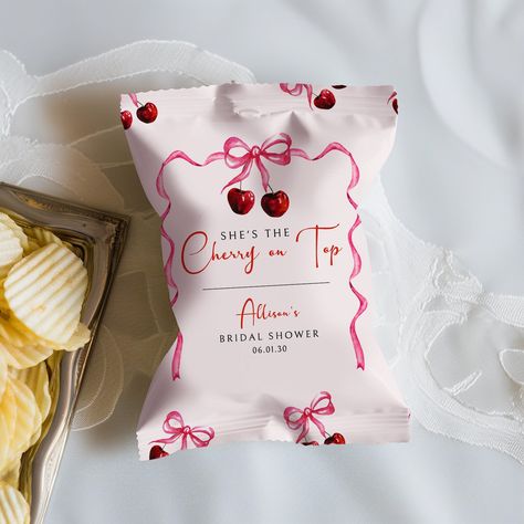 Make your bridal shower extra special with our "She's the Cherry on Top" chip bag wrapper template. This coquette cherries bridal shower snack bag party favor label is easy to edit and download. It's perfect for adding a charming touch to your party decor. DEMO LINK - TRY BEFORE YOU BUY: www.jettemplate.com/demo/WB9903 View Matching Items Here: https://www.etsy.com/shop/PetalsPaperieCo?search_query=114 * * * * * * * * * * * * * * * * * * INSTANT DOWNLOAD: - Please note this listing is for an ONLINE editable template only. No physical product will be shipped. You will receive an email to access your template within minutes of purchase and edit it online. No software downloads required. - Do not purchase with Apple Pay. Your email address will be hidden and you won't receive the email to acc Bridal Shower Snacks, Cherry Party, Sweet Baby Shower Ideas, Bag Label, Bag Template, Shower Bebe, Favor Labels, Chip Bags, Cherry On Top