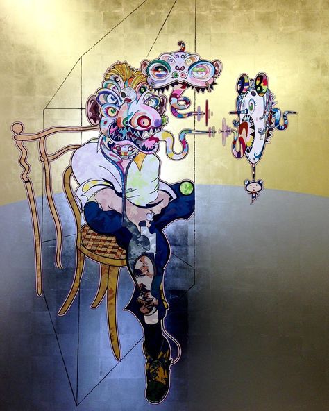 This is 'Homage to Francis Bacon' (2016). The work focuses on tortured figures, where moving flesh reveals the scars and agonies of the soul of the human being. Currently on view @galerieperrotin Paris is #TakashiMurakami's 'Learning the Magic of Painting'. The solo exhibition features more than 40 recent works including abstract multi-panel paintings inspired by #FrancisBacon and Japanese Zen Buddhism amidst Murakami's signature motifs and characters. On view until December 23. Takeshita Murakami, Murakami Art, Takashi Murakami Art, Japanese Contemporary Art, Textiles Sketchbook, Superflat, Francis Bacon, Takashi Murakami, Art Japonais