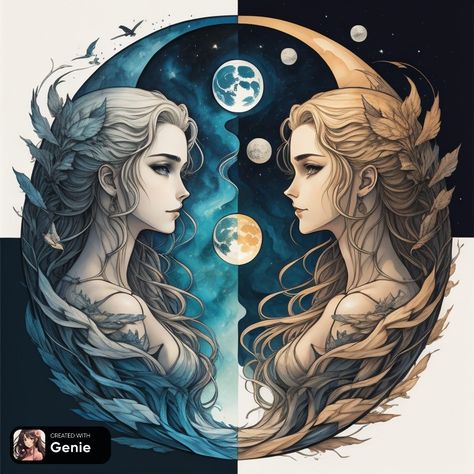 Twin Goddesses Art, Two Opposites Art, Gemini Goddess Art, Gemini Twins Art, Zodiac Twins, Goddess Magick, Horoscope Art, Sisters Art, Mixed Media Art Canvas