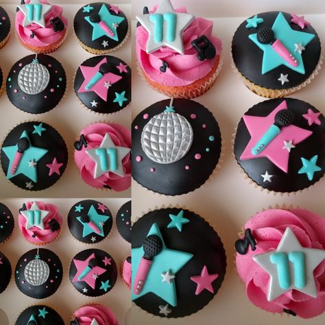 Disco themed birthday party. Cupcakes and matching cookies Disco Party Treats, Rockstar Disco Birthday Party, Disco Themed Cupcakes, Disco Themed Cookies, Disco Party Cupcakes, Disco Cupcakes Ideas, Disco Cake Pops, Karaoke Cookies Decorated, Dance Party Cupcakes