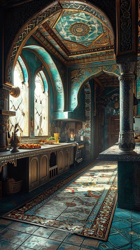 Arabian Interior Concept Art, Arabian Palace Interior, Fantasy House Interior, Medieval Indian Architecture, Moroccan Architecture Aesthetic, Indian Palace Interior Royal, Indian Houses, Middle Eastern Decor, Moroccan Riad